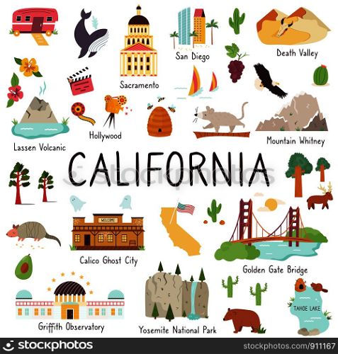 California set of landmarks monuments, animals, symbols. Vector cartoon illustration. California big set of landmarks, monuments symbols