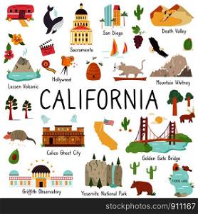 California set of landmarks monuments, animals, symbols. Vector cartoon illustration. California big set of landmarks, monuments symbols