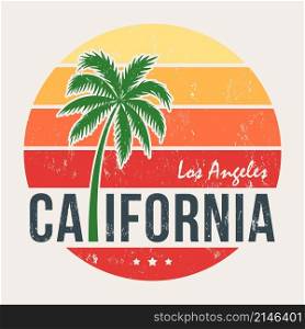 California tee print with styled palm tree. T-shirt design, graphics, stamp, label, typography.. California tee print with styled palm tree