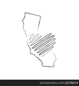 California US state hand drawn pencil sketch outline map with heart shape. Continuous line drawing of patriotic home sign. A love for a small homeland. T-shirt print idea. Vector illustration.. California US state hand drawn pencil sketch outline map with the handwritten heart shape. Vector illustration