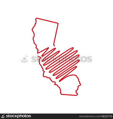 California US state red outline map with the handwritten heart shape. Continuous line drawing of patriotic home sign. A love for a small homeland. T-shirt print idea. Vector illustration.. California US state red outline map with the handwritten heart shape. Vector illustration