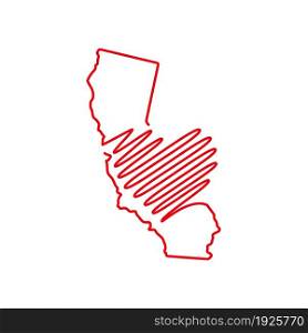 California US state red outline map with the handwritten heart shape. Continuous line drawing of patriotic home sign. A love for a small homeland. T-shirt print idea. Vector illustration.. California US state red outline map with the handwritten heart shape. Vector illustration
