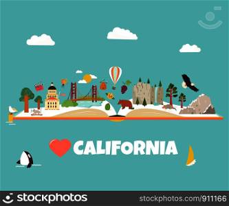 California vector illustrated concept for banners, tour guides, leaflets, magazines. California vector concept for banners, tour guides