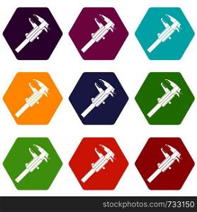 Calipers icon set many color hexahedron isolated on white vector illustration. Calipers icon set color hexahedron
