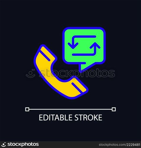 Call back option pixel perfect RGB color icon for dark theme. Interactive voice system. Automatic calling. Simple filled line drawing on night mode background. Editable stroke. Arial font used. Call back option pixel perfect RGB color icon for dark theme