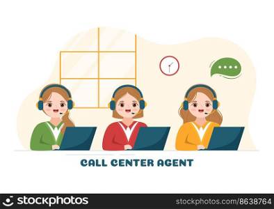 Call Center A≥nt of Customer Service or Hotli≠Operator with Headsets and Computers in Flat Cartoon Hand Drawn Templates Illustration