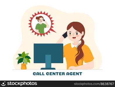 Call Center Agent of Customer Service or Hotline Operator with Headsets and Computers in Flat Cartoon Hand Drawn Templates Illustration