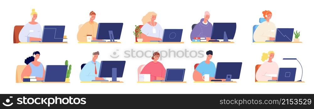 Call center characters. Work customer service, company employees with headsets and laptops sitting at desk. Telemarketing consultant utter vector set. Illustration customer and support assistant. Call center characters. Work customer service, company employees with headsets and laptops sitting at desk. Telemarketing consultant utter vector set