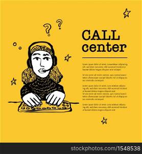Call center concept. Customer service chat. Web banner with female character with a headset on yellow background. Doodle ink style vector illustration. Call center concept. Customer service chat. Web banner with female character with a headset on yellow background. Doodle ink style vector illustration.
