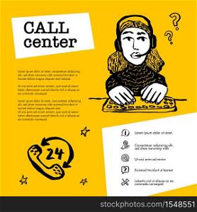 Call center concept. Customer service chat. Web banner with female character with a headset on yellow background. Doodle ink style vector illustration. Call center concept. Customer service chat. Web banner with female character with a headset on yellow background. Doodle ink style vector illustration.