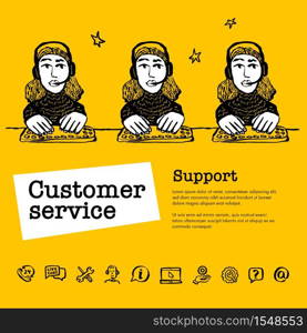 Call center concept. Customer service chat. Web banner with female character with a headset on yellow background. Doodle ink style vector illustration. Call center concept. Customer service chat. Web banner with female character with a headset on yellow background. Doodle ink style vector illustration.