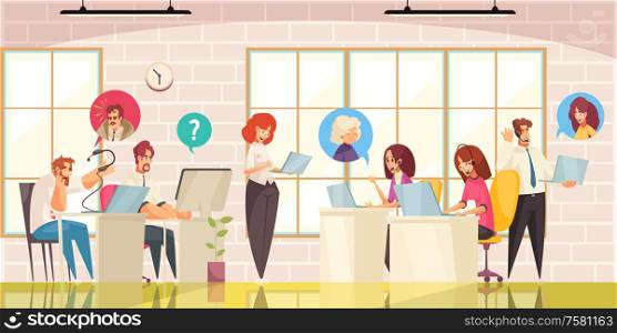 Call center customer online support service office interior flat composition with answering callers questions agents vector illustration