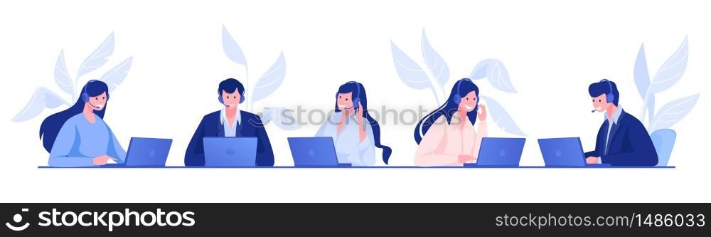 Call center. Customer support and information service concept with cartoon office people, operators on hotline with headsets. Vector illustrations set company call operator employees. Call center. Customer support and information service concept with cartoon office people, operators on hotline with headsets. Vector set