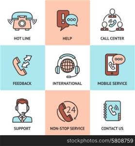 Call center design concept set with hot line help feedback icons isolated vector illustration. Call Center Design Concept Set