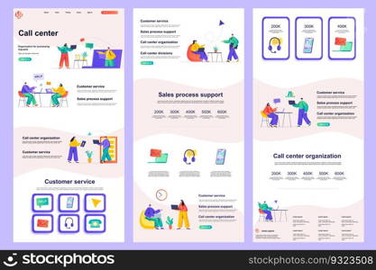 Call center flat landing page. Online consultation, customer support corporate website design. Web banner template with header, middle content and footer. Vector illustration with people characters.