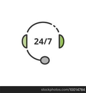 Call center. Headphone. 24 7 Phone assistant. Filled color icon. Isolated commerce vector illustration