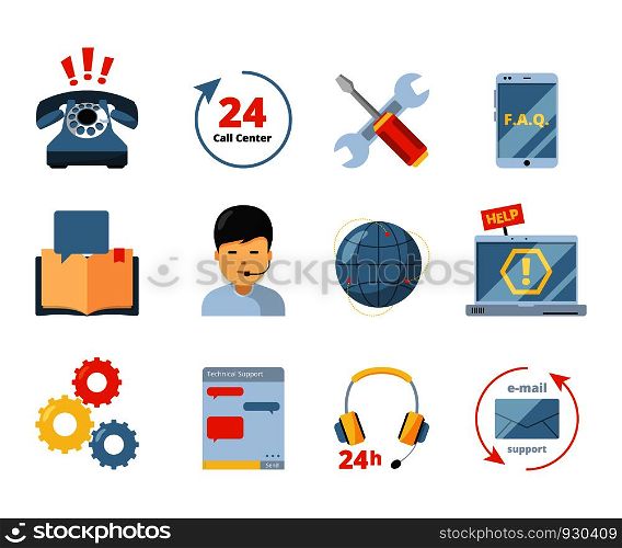 Call center icon. Service 24h support help office managers consultants computer admin in headset vector isolated symbols. Headset phone, call service and support, contact center illustration. Call center icon. Service 24h support help office managers consultants computer admin in headset vector isolated symbols