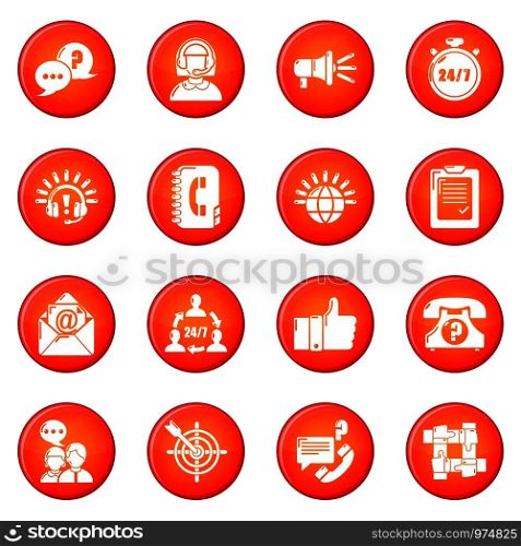 Call center icons set vector red circle isolated on white background . Call center icons set red vector