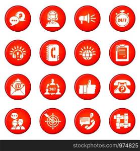 Call center icons set vector red circle isolated on white background . Call center icons set red vector