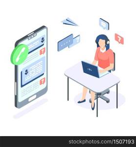 Call center isometric concept. Support customer help web banner. Vector illustration professional supporting services technology on white background. Call center isometric concept. Support customer help web banner. Vector illustration professional supporting services