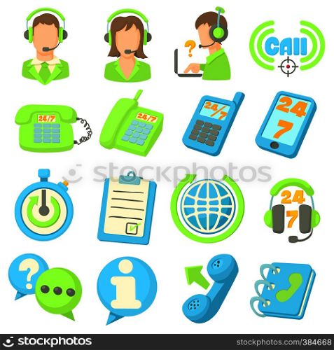 Call center items icons set. Cartoon illustration of 16 call center items vector icons for web. Call center items icons set, cartoon style