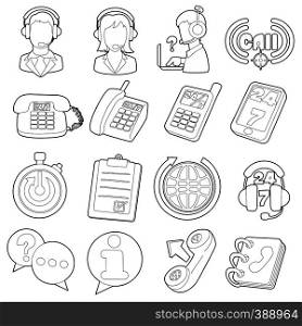 Call center items icons set. Outline cartoon illustration of 16 call center items vector icons for web. Call center items icons set, outline cartoon style