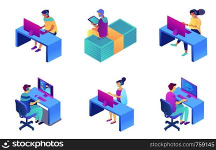 Call center operator at desk in headset working at computer, tiny people isometric 3D illustration set. Customer service representative, support center concept. Isolated on white background.. Call center operators in headset isometric 3D illustration set.