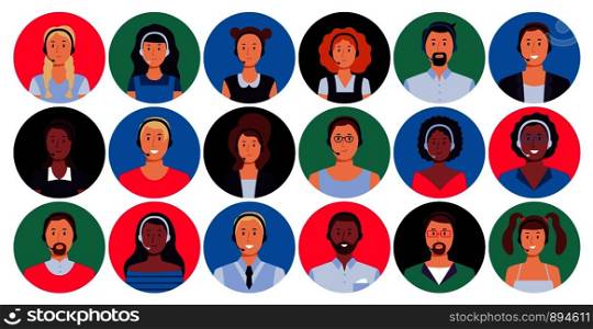 Call center operator. Customer support worker portrait, round avatar hotline contact and supporting person. Calls team operators, telemarketing or consultant worker avatar. Isolated vector icons set. Call center operator. Customer support worker portrait, round avatar hotline contact and supporting person vector set
