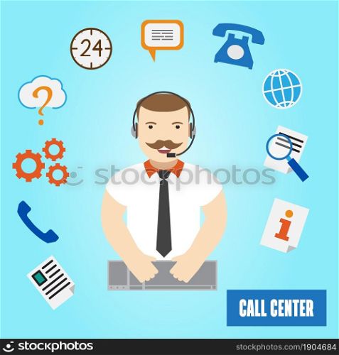 Call center operator for web and mobile. 24h all the time customer support center. Vector.