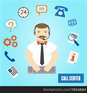 Call center operator for web and mobile. 24h all the time customer support center. Vector.