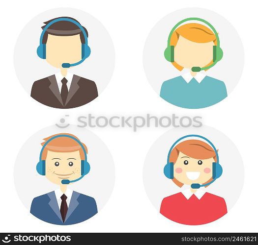 Call center operator icons with a smiling friendly man and woman wearing headsets and a second variation where they are featureless or faceless on round web buttons vector illustration