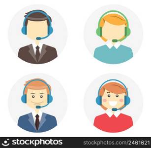 Call center operator icons with a smiling friendly man and woman wearing headsets and a second variation where they are featureless or faceless on round web buttons vector illustration