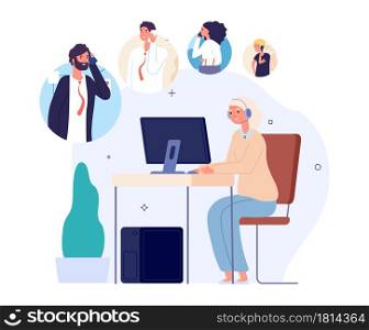 Call center operator queue. Support waiting line, people help or faq. Woman work, customer manager at computer desk with headphones vector concept. Illustration customer support, queue to helpdesk. Call center operator queue. Support service waiting line, people need help or faq. Senior woman work, customer manager at computer desk with headphones vector concept
