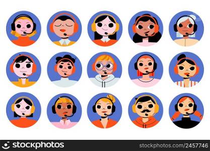 Call center operators avatar or round icons, client support help line workers wear headset with microphone. Telephone sales consultant male and female characters faces, Linear flat vector illustration. Call center operators avatar or round icons set