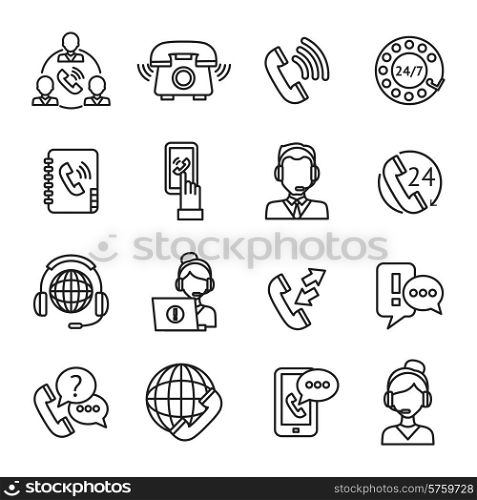 Call center question answer service outline icons set isolated vector illustration. Call Center Outline Icons Set