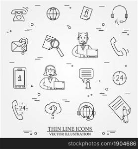 Call center question answer service outline thin line icons set. For web and mobile. Vector.. Call center question answer service outline thin line icons set