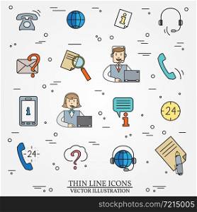 Call center question answer service outline thin line icons set. For web and mobile. Vector.