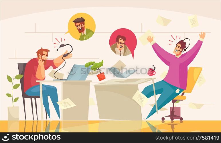 Call center real time online service flat comic composition with agitated emotional client agent conversation vector illustration