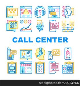 Call Center Service Collection Icons Set Vector. Call Center Operator And Chat Communication With Client And Support, Solve Problem And Help Concept Linear Pictograms. Contour Color Illustrations. Call Center Service Collection Icons Set Vector