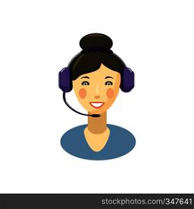 Call center smiling operator with headset icon in cartoon style on a white background. Call center smiling operator with headset icon