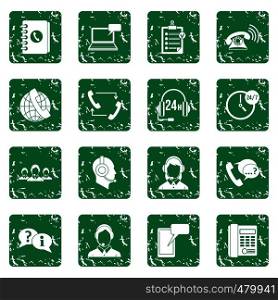 Call center symbols icons set in grunge style green isolated vector illustration. Call center symbols icons set grunge