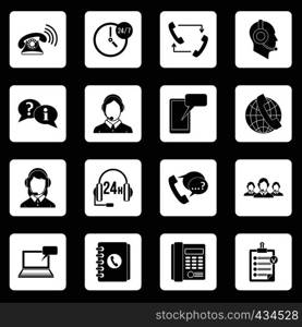 Call center symbols icons set in white squares on black background simple style vector illustration. Call center symbols icons set squares vector