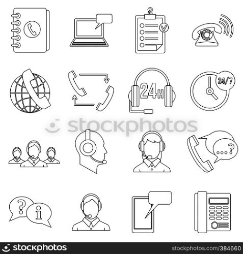 Call center symbols icons set. Outline illustration of 16 call center symbols vector icons for web. Call center symbols icons set, outline style