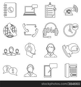 Call center symbols icons set. Outline illustration of 16 call center symbols vector icons for web. Call center symbols icons set, outline style