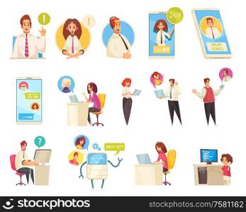 Call center technical support information service flat icons set with agents dispatchers clients chatting online vector illustration
