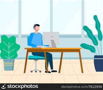 Call center vector, support of clients and customers flat style character. Worker in office typing on computer, cozy workspace with plants bright window, office room. Man Working Project in Office, Worker with Laptop