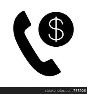 Call charges glyph icon. Silhouette symbol. Pay per call. Phone tariff plan. Handset with dollar coin. Negative space. Vector isolated illustration. Call charges glyph icon