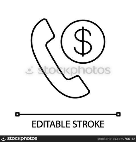 Call charges linear icon. Pay per call. Phone tariff plan. Thin line illustration. Handset with dollar coin. Contour symbol. Vector isolated outline drawing. Editable stroke. Call charges linear icon