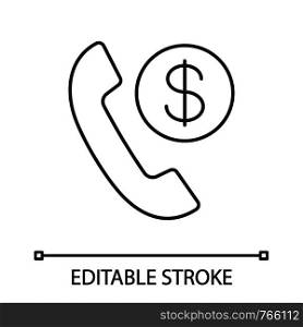 Call charges linear icon. Pay per call. Phone tariff plan. Thin line illustration. Handset with dollar coin. Contour symbol. Vector isolated outline drawing. Editable stroke. Call charges linear icon