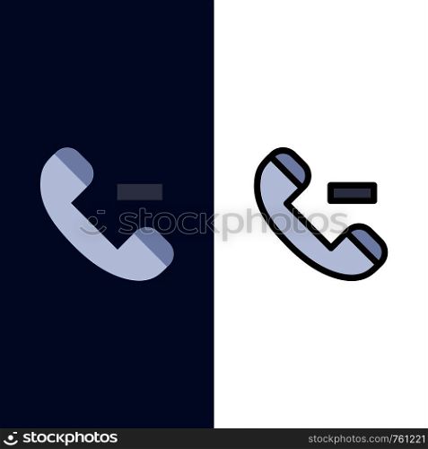 Call, Contact, Delete Icons. Flat and Line Filled Icon Set Vector Blue Background